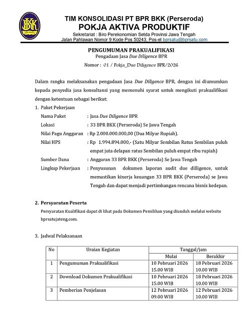 Pengumuman Pengadaan Jasa Due Diligence BPR